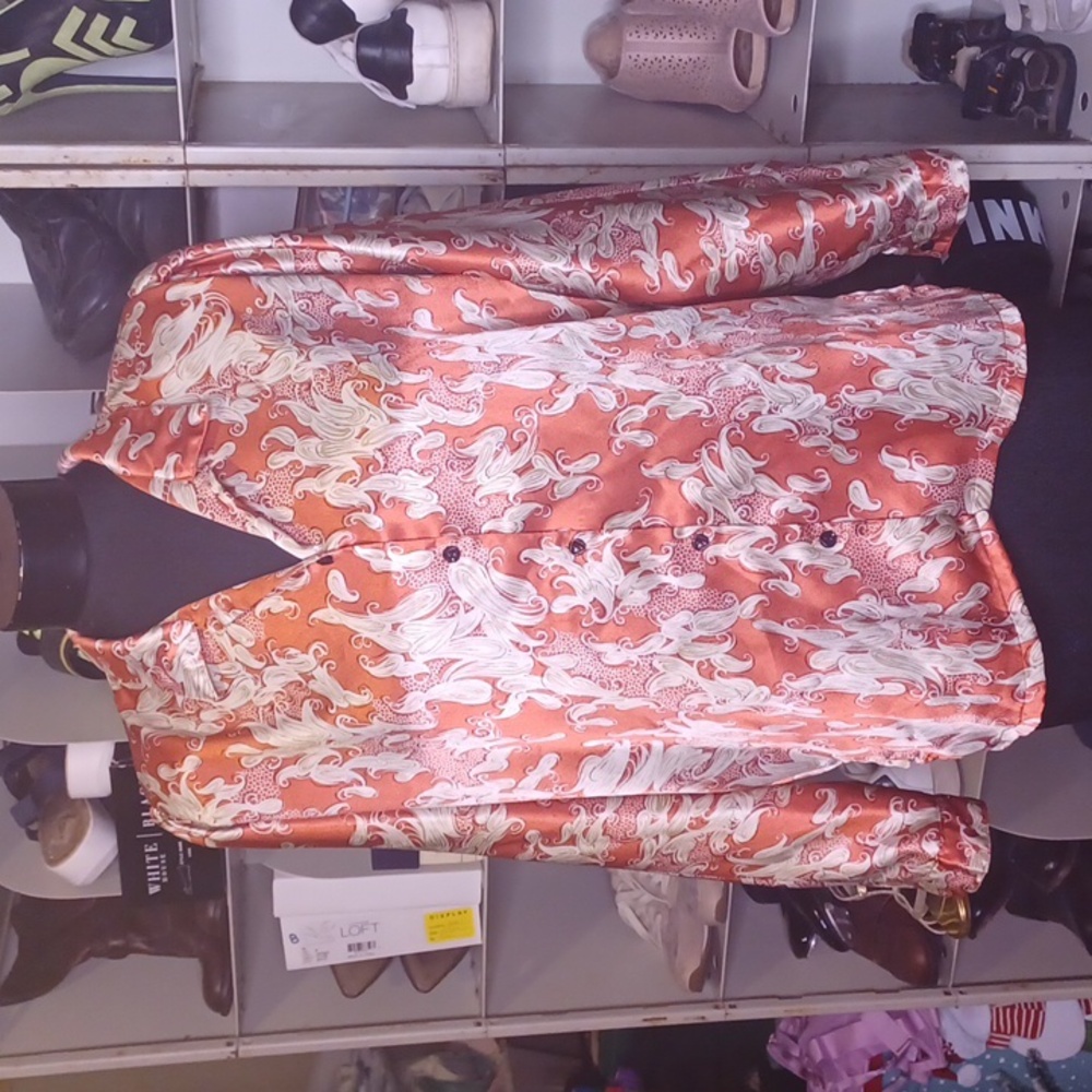 Vintage London brand rust orange print silky feeling blouse size M
